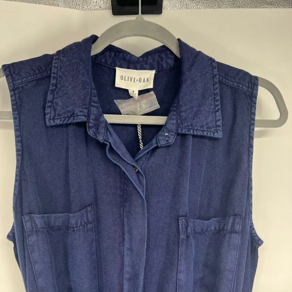 NWT Olive + Oak Dress Womens M Blue Button Up Belted Collared Sleeveless - Picture 3 of 9